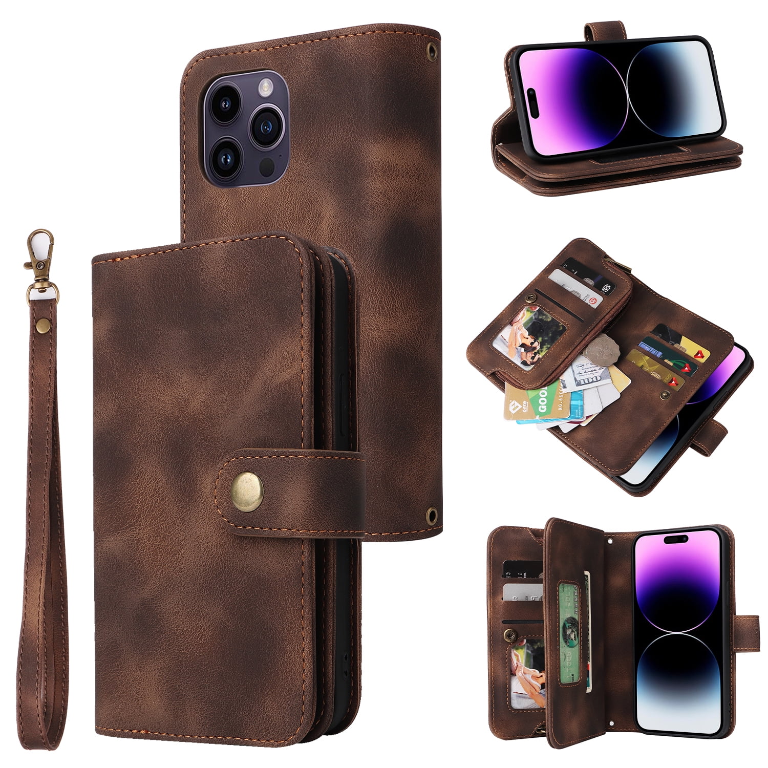 Dteck for Apple iPhone 14 Pro 6.1 inch Wallet Case for Women Men, Sturdy PU Leather Case Magnetic Flip Zipper 7 Cards Holder Wristlet & Shoulder Strap Kickstand Phone Case, Brown