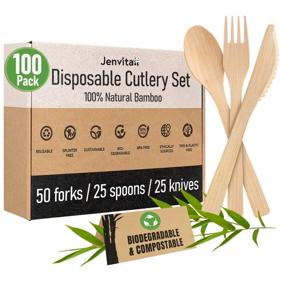 Ibambo Natural Bamboo Disposable Cutlery Flatware, Mixed Set, Party Cutlery - 100 Set