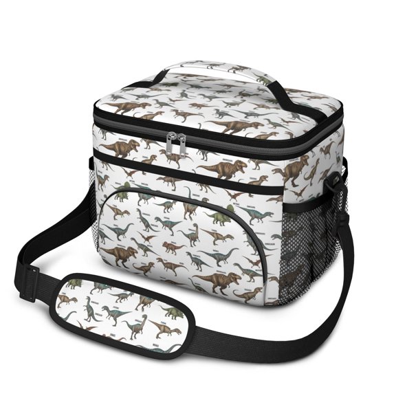 Dinosaur and Text White Pattern Insulated Lunch Box for Women Men, Medium Leakproof Cooler Bag with Adjustable Strap, 10"x6.7"x8"