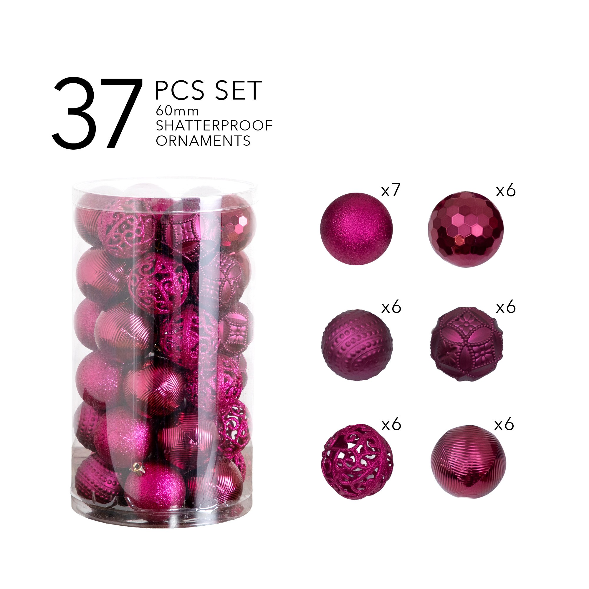 37-pc Fuchsia Shatterproof Christmas Ornaments