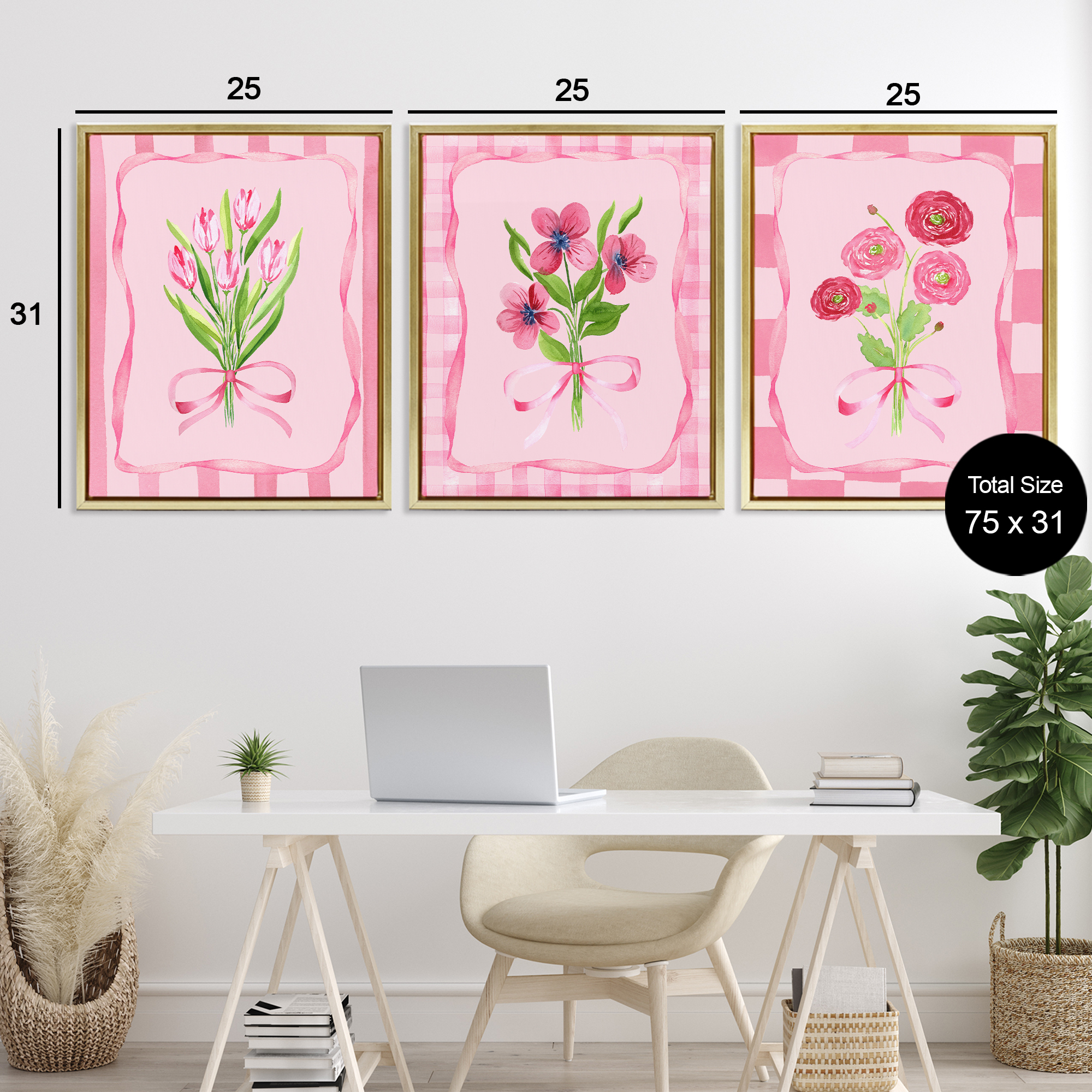 Pretty & Sweet Bordered Flowers 3 Piece Gold Framed Floater Canvas Set, design by Nina Jacobs