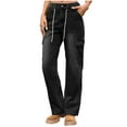 thumbnail image 2 of Fengqque Jeans for Women Drawstring Button Zipper Casual Straight Wide Leg Pants Loose Cargo Denim Pants with Pockets Black L(L), 2 of 5