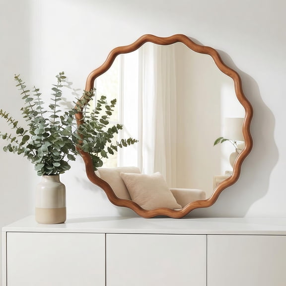 24-Inch Wavy Round Solid Wood Frame Mirror, Decorative Wall Mirror and Vanity Mirror for Bedroom Bathroom Living Room Entryway, Yellowish Brown