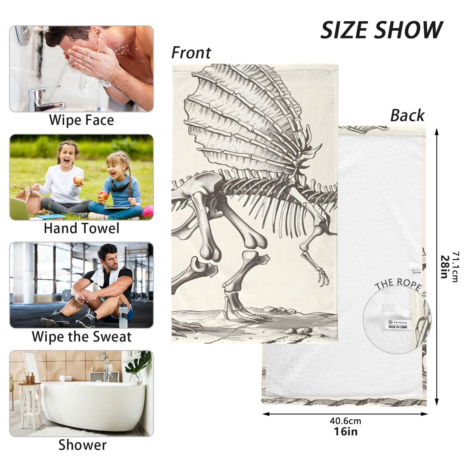 Dinosaur Skeleton Hand Towels Cotton Bath Towels Large Face Towels Absorbent for Bathroom 2 Packs