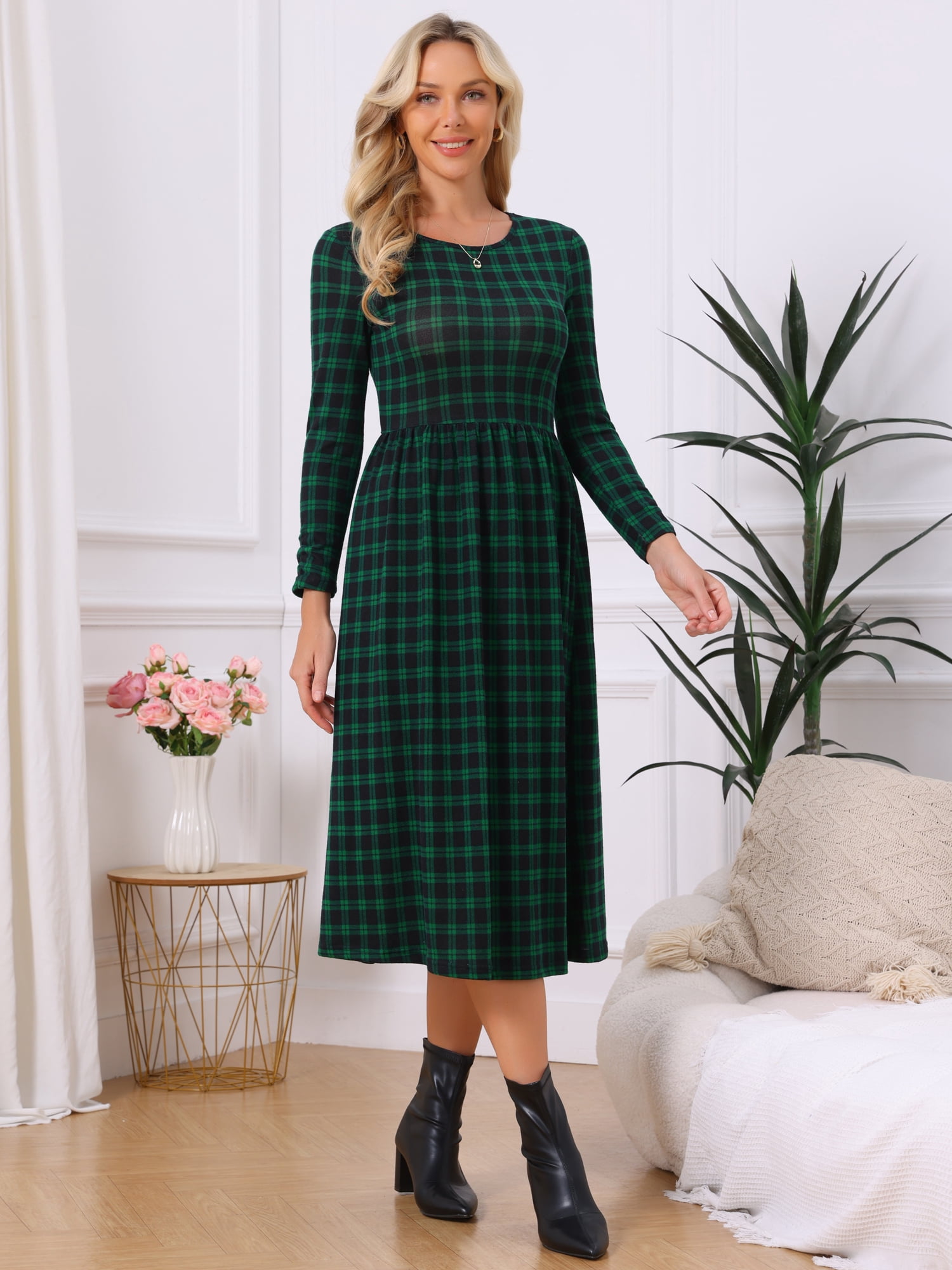 DARING DIVA Women's Plaid Long Sleeve Crew Neck A Line Midi Dress XL Green