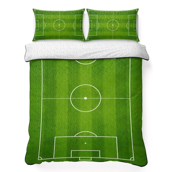 Quilts Twin Size Bedding Set, Soccer Field Lightweight Quilted Comforter, Green Birdseye View Athletic Sporty Soft Reversible Bedspread Coverlet with Pillow Covers for All Season, 68" x 86"