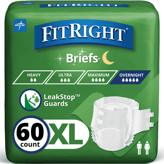 FitRight Adult Incontinence Briefs, Diapers with Tabs, Extended Wear, XL, 57in to 65in, 60 Count