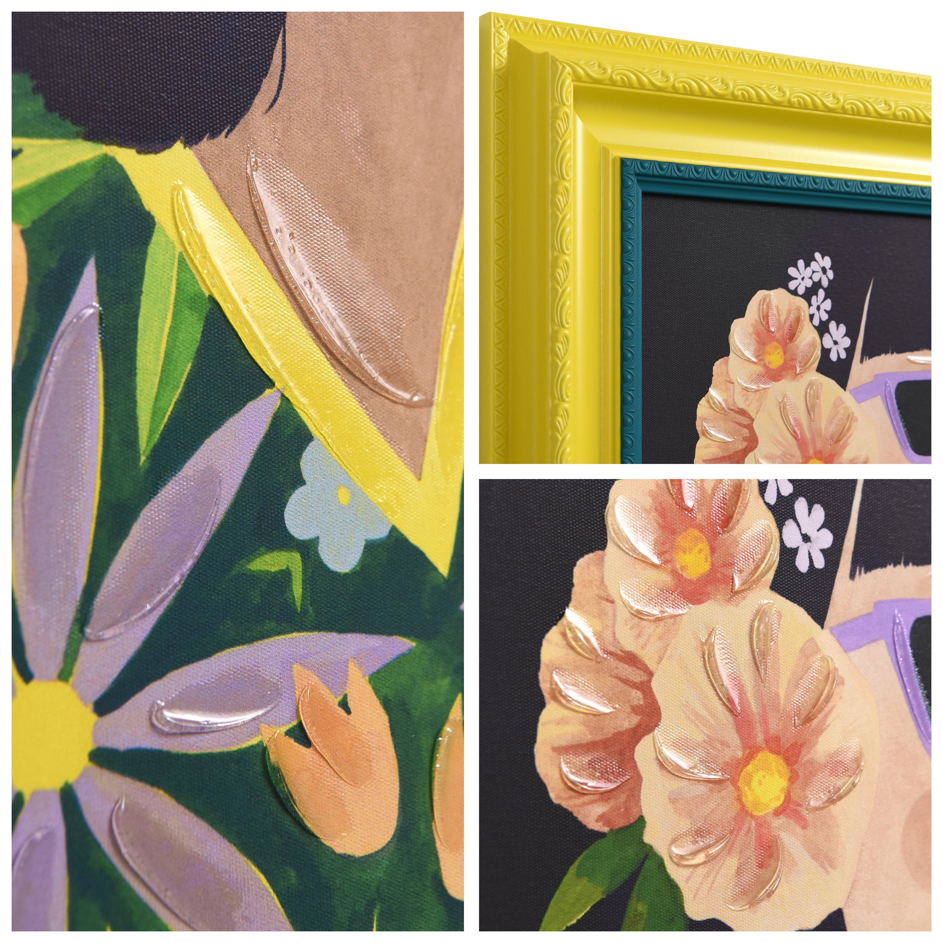 "Floral Female" Chromatic Hand Painted Embellished Giclee Portrait Canvas Wall Art with Baroque Two-Tone Frame