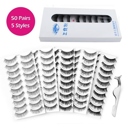 Glue Fake Eyelashes - 100Pcs Fake Eyelashes Kit, 5 Styles Lashes False Eye Lashes with Curler Eyelash Tweezers, Reusable False Eyelashes, Seconds to Use Glue Ultra Thin Fake Lashes for Ladies And Women