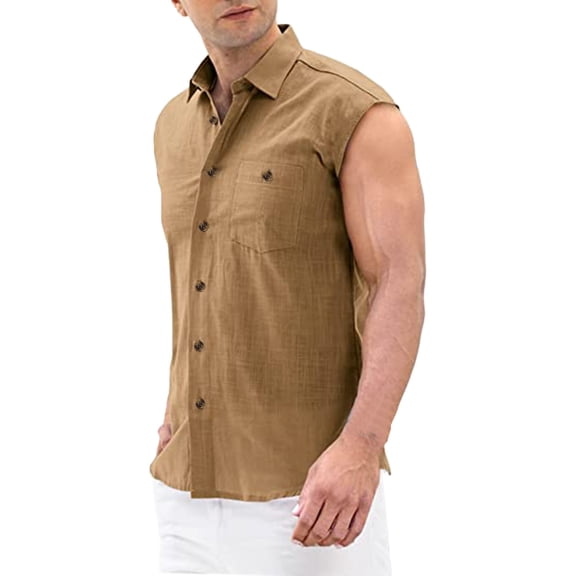 Fengqque Men's Short Sleeve Shirts Clearance Summer Cotton Linen Solid Color Sleeveless Shirt