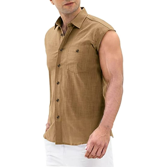 Camisa sin mangas informal de color sólido de lino y algodón de verano para hombre Pompotops oipoqjl44305