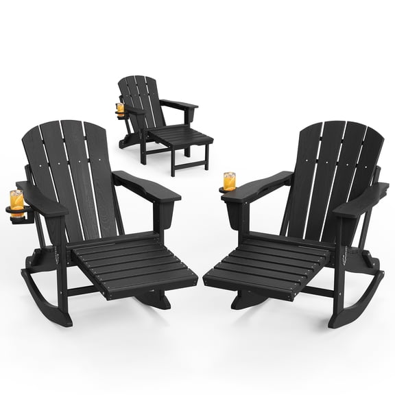 Folding 4-in-1 Adirondack Rocking Chair with Retractable Ottoman, Cup Holder – All-Weather HDPE Outdoor Patio Chair
