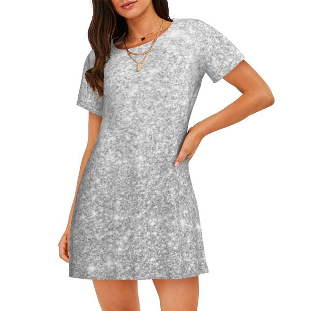 Easygdp Silver Glitter Camisón de manga corta para mujer, informal, estampado