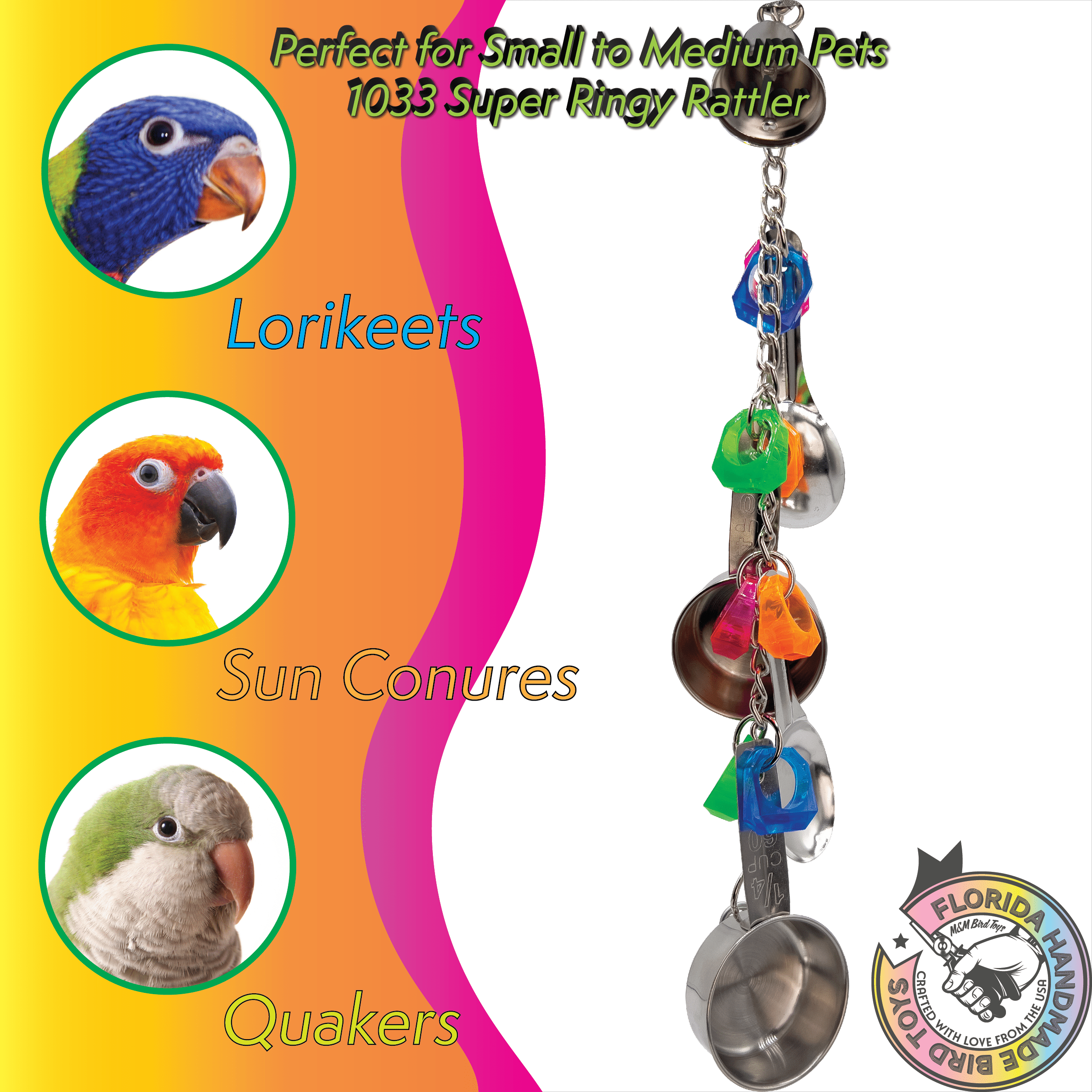 1033 Super Ringy Rattler M&M Bird Toys Colorful Stainless Steel Noisy