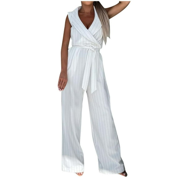 Ladies Jumpsuit Elegant Sleeveless V Neck Playsuits Halter Romper Loose Fit Summer Wide Leg Overalls with Belted Pockets Women Casual Striped Dungarees for Party Holiday