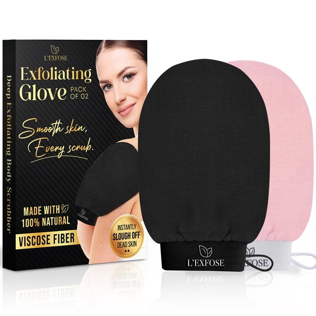 L'Exfose Kessa Hammam Guante exfoliante profundo para ducha - Manopla exfoliante coreana ideal para eliminar la piel muerta, queratosis pilaris y autobronceador (negro y rosa)
