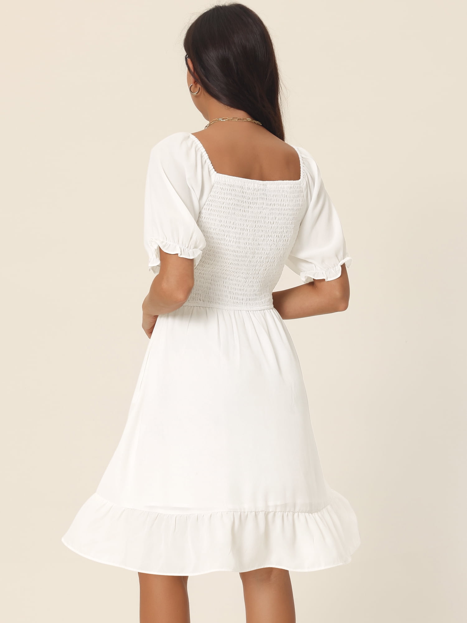 Unique Bargains Women's Square Neck Smocked Back Ruffle A-Line Dress L White