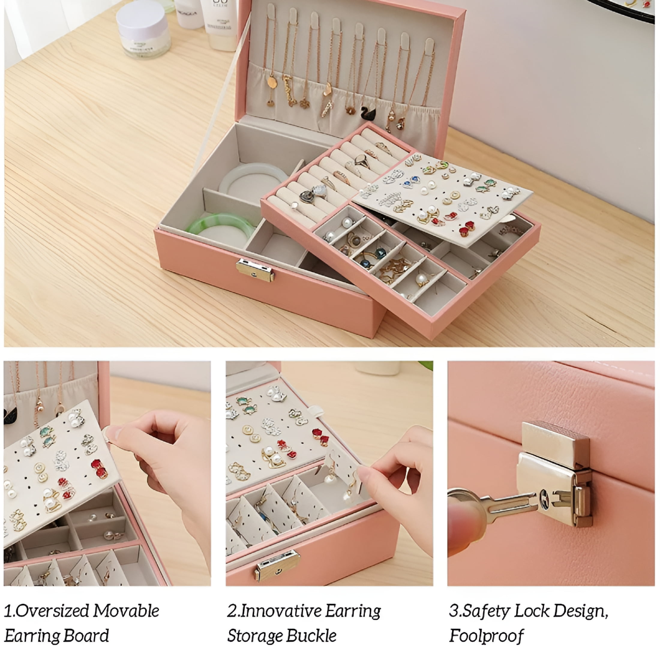 DESIGNICE Jewelry Organizer Box, Elegant Durable Pu Leather, Wooden Frame Construction, Anti-Tarnish Beaded Flannel, for Women, Pink (2 Layers)