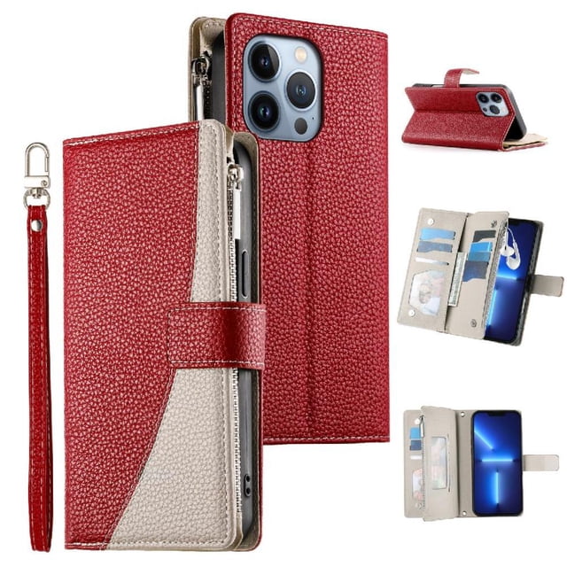 Funda cartera GANGXUN para iPhone 13 Pro , cuero PU con tarjetero, cremallera, correa de mano, soporte y protección 641°