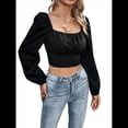 thumbnail image 1 of Blusa Corta de Larga con Volantes, Cuello Cuadrado y Fruncido para Mujer Negro XL, 1 of 10