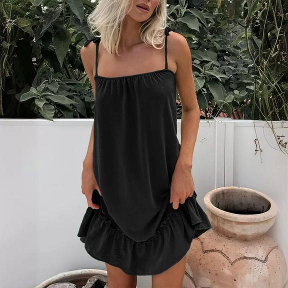 WIZUTIZ Sundresses for Women 2025 Spaghetti Strap Loose Mini Dress Solid Vacation Dress Crew Neck Sleeveless Shift Dress for Women's Ruffle Hem Plus Size Beach Dress Black M
