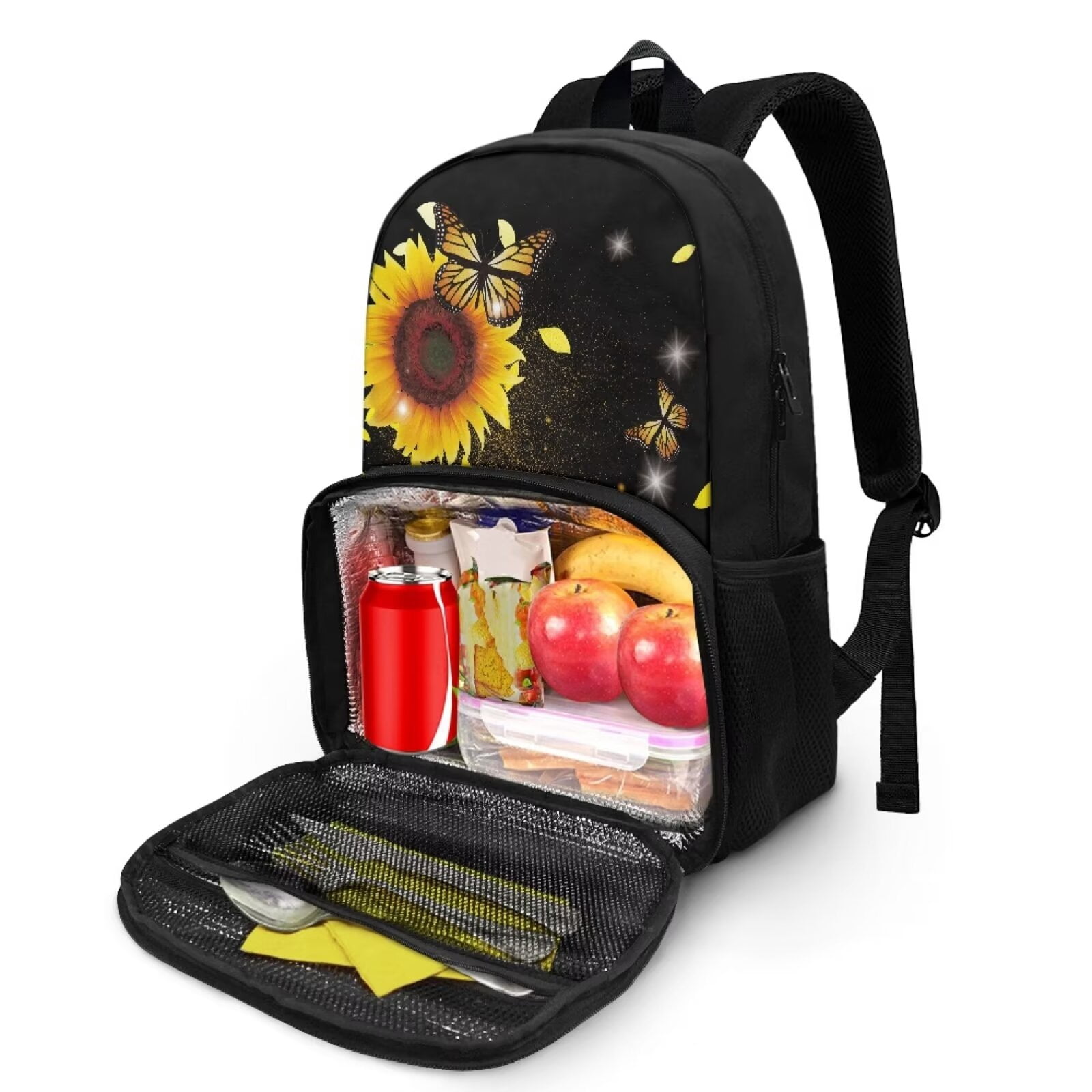 FOR U DESIGNS Sunflowers Butterfly Backpack with Lunch Compartment Teens Middle High School Shoulder School Bag Elementary Travelling Purse Daypack for Women