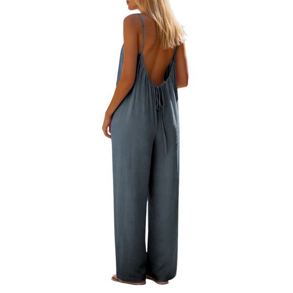 JUUNthy Womens Cami Jumpsuit, Spaghetti Strap Backless Lightweight Wide Leg Summer Overalls for Beach Vacation Gray L