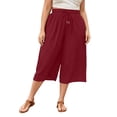 thumbnail image 2 of Mifsaly Plus Size Wide Leg Capri Pants for Women Elastic Drawstring Waist Casual Loose Culottes with Pockets Lightweight Flowy Summer Beach Capris Wine,XXL, 2 of 6