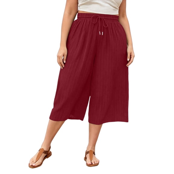 Womens Plus Size Wide Leg Pants Lightweight Drawstring Elastic Waist Loose Capri Pants Summer Beach Vacation Outdoor Capri Casual Trousers, S-5XL