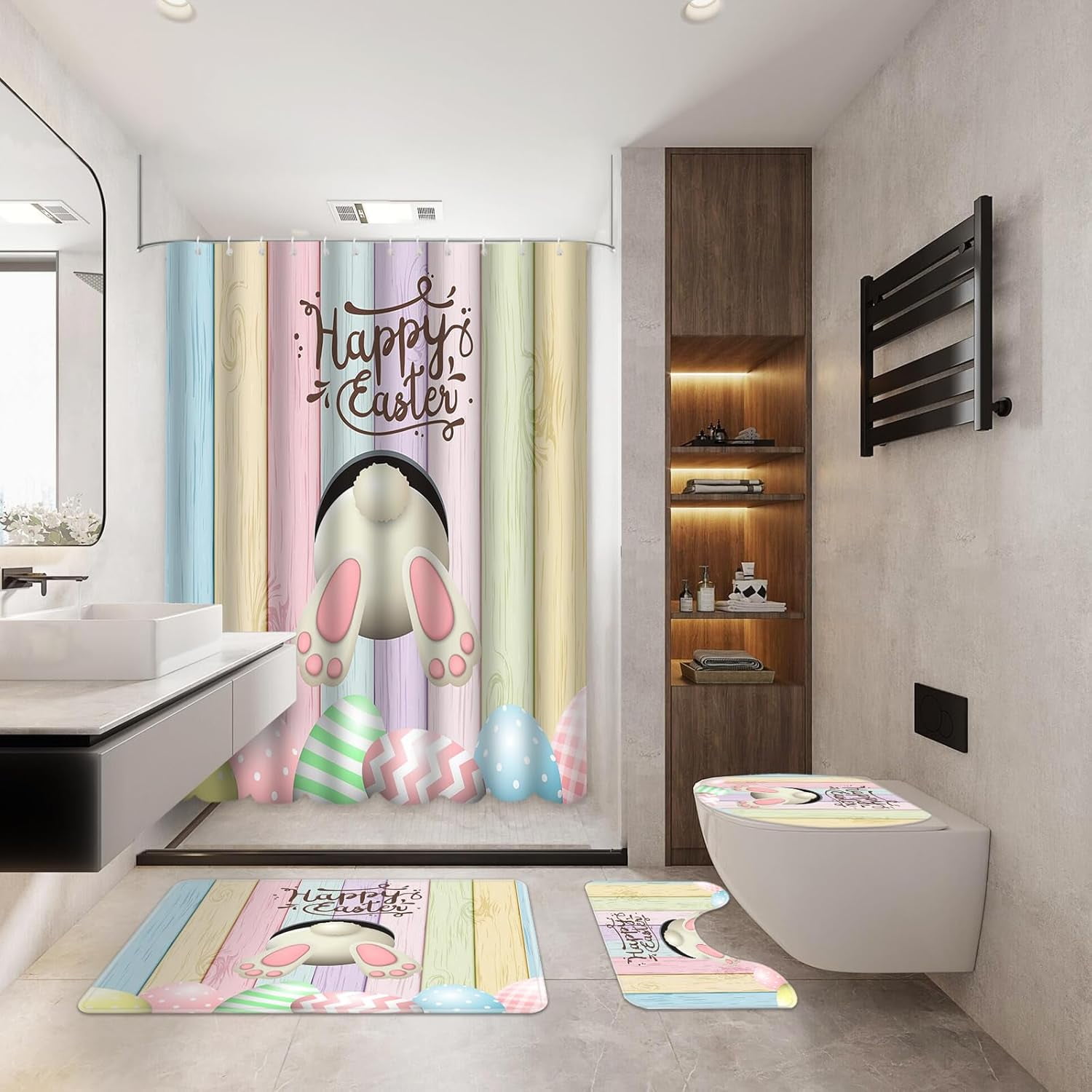 4pcs Easter Shower Curtain Sets with Non-Slip Rugs Toilet Lid Cover and Bath Mat Bunny Easter Bathroom Curtain Decor Set with 12 Hooks Waterproof Shower Curtain Set for Bathroom