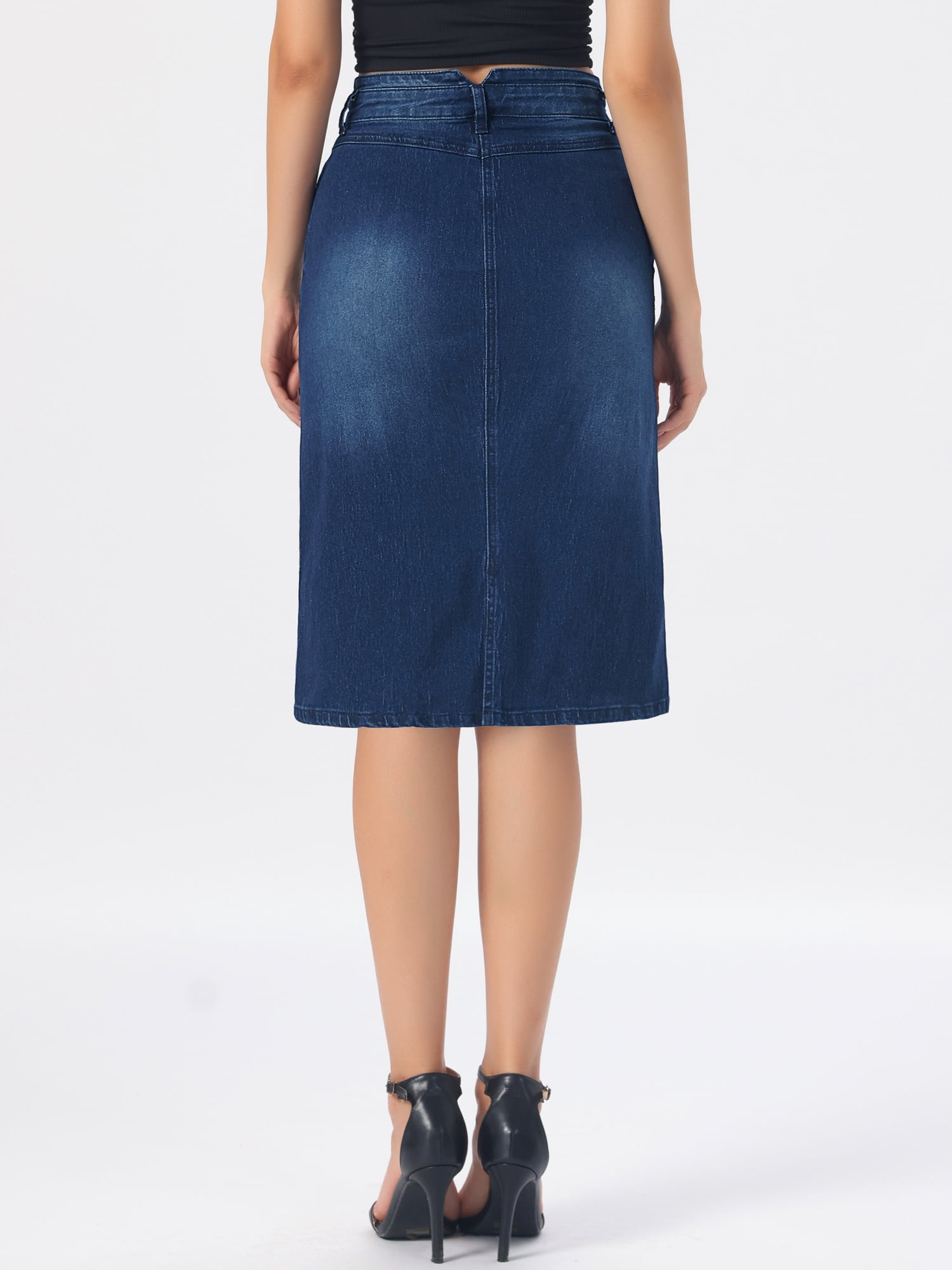 DARING DIVA Women's Slit Stretchy High Waisted Below Knee Length Jean Skirt L Dark Blue