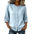 thumbnail image 2 of Ayolanni Scoop Neck Summer Women Blouses Cotton Linen Button Down Solid 3/4 Sleeve Blouse Textured Pockets Oversized Tees Summer Tops Blue L, 2 of 7