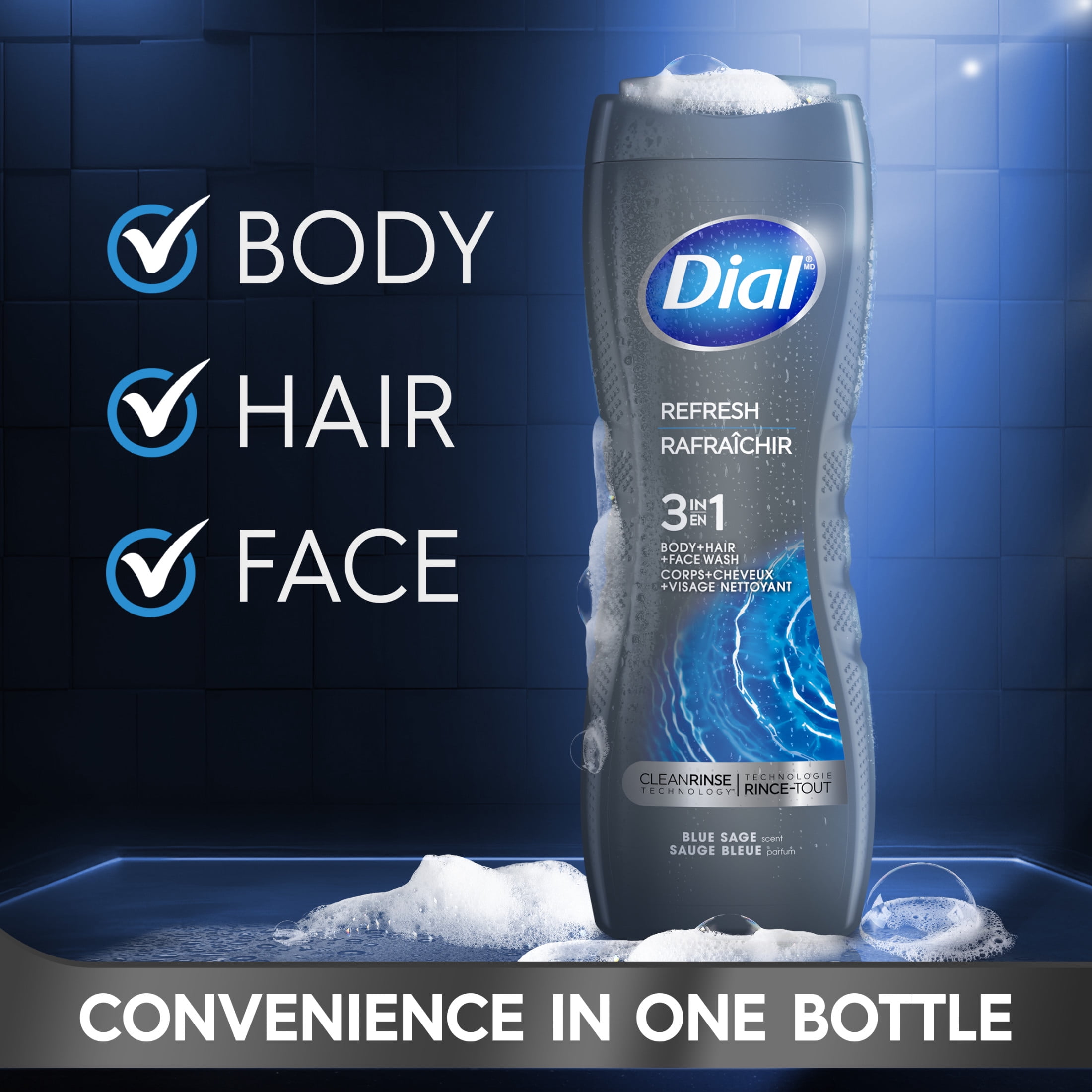 Dial Refresh 3-in-1 Men's Body Wash for Body, Hair & Face, Blue Sage Scent, 16 fl oz