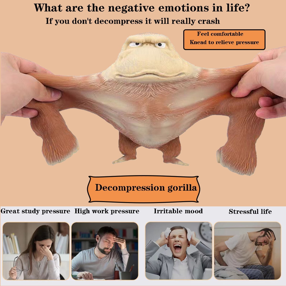 HYCSC Squishy Monkey Toy - Brown Stretch Gorilla, Stretch Monkey Stress Relief Toy, Novelty TikTok Gorilla Squeeze Toys, Funny Splat Monkey Sensory Stress Toy for Anxiety Women Men Kids (Big)