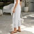 thumbnail image 4 of Oiangi Women's Wide Leg Capri Pants Elastic Waist Drawstring Ruched Capris Casual Button Pockets Crop Trousers for Vacation Travel White L, 4 of 8