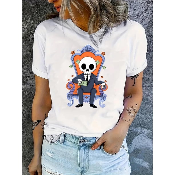 Women's Trendy Skull Print T-Shirt - Casual Crew Neck, Short Sleeve, Stretchy Polyester Blend, Machine Washable, Summer Fashion Tee with Geometric Design, Non-See-Through Fabric