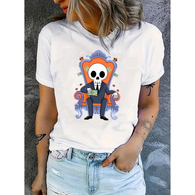 Camiseta de calavera moderna para mujer: cuello redondo informal, manga corta, algodón elástico, lavable a máquina, diseño geométrico de verano, tela no transparente, ideal para el tiempo libre.