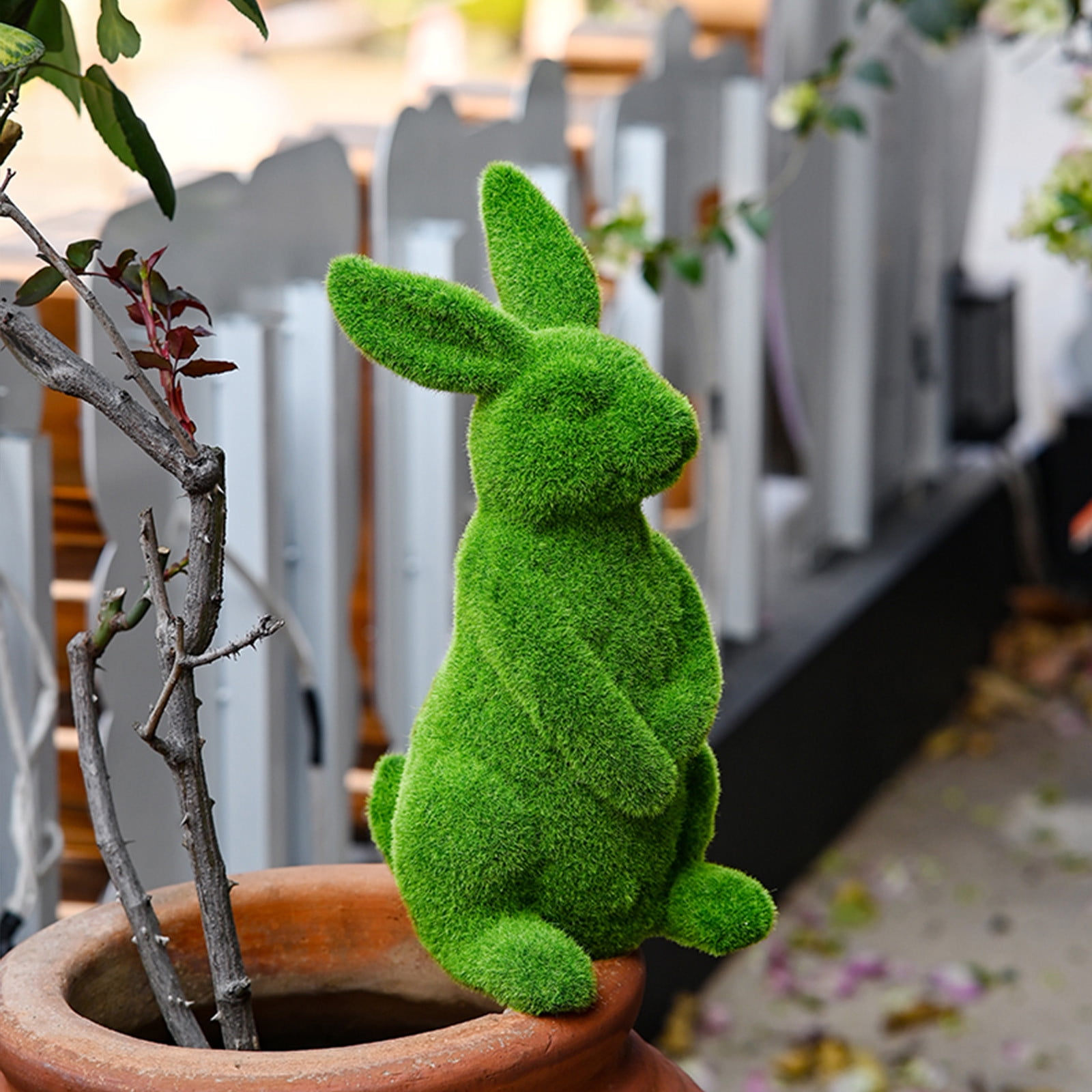 Hxlamzoo 1Pcs Green Resin Simulated Plush Rabbit Ornament Easter Home Garden Decor for Courtyard Outdoor Tabletop Festive Gift