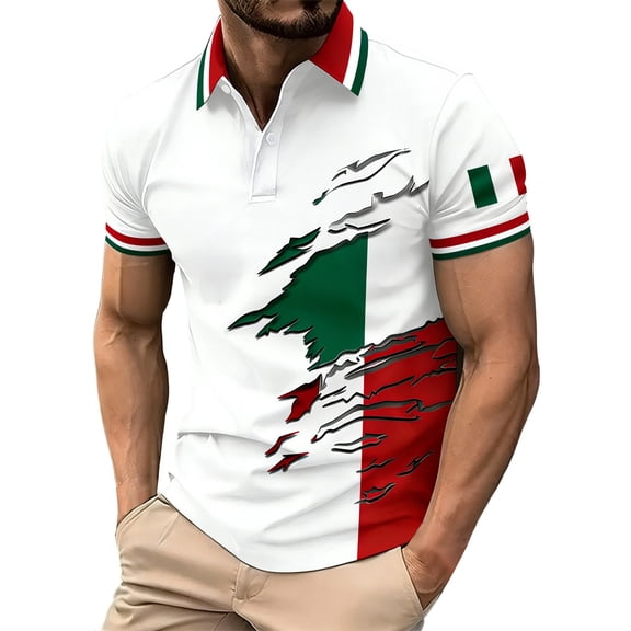 Men Polo Shirts Men's Short Sleeve Button Down Polo Shirt Italian Flag Print Summer Comfort Performance Top Casual Lightweight White L