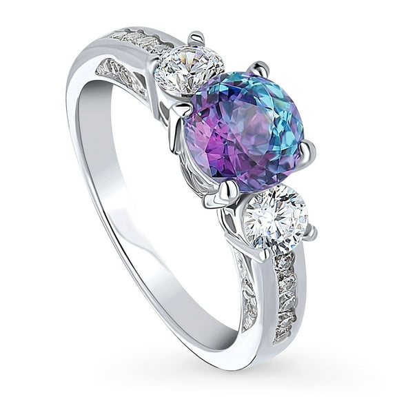 BERRICLE Sterling Silver 3-Stone Purple Aqua Round Cut Cubic Zirconia CZ Kaleidoscope Fashion Ring for Women, Rhodium Plated 1.25 Carat Size 5