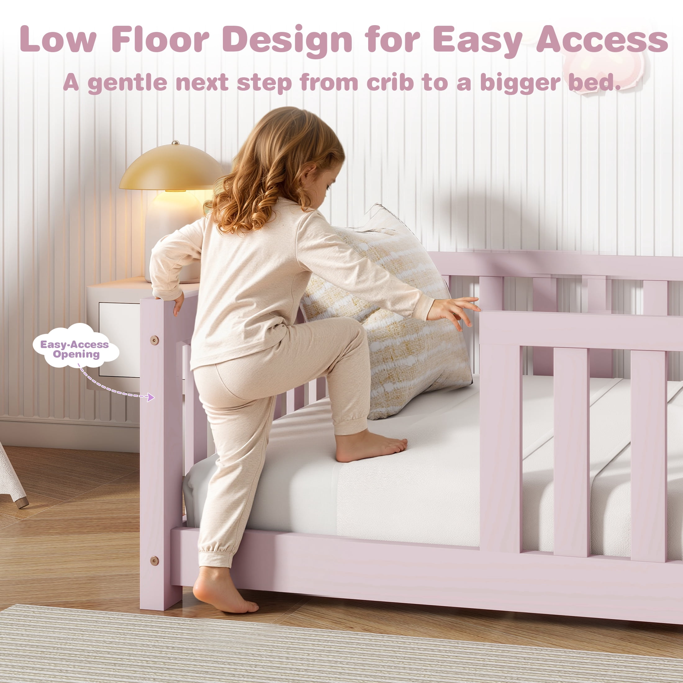 Sesslife Twin Montessori Floor Bed, Wood Twin Size Floor Bed Frame with Safety Guardrails and Slats, Low Profile Toddler Bed for Kids Boys and Girls, No Box Spring Needed, Pink