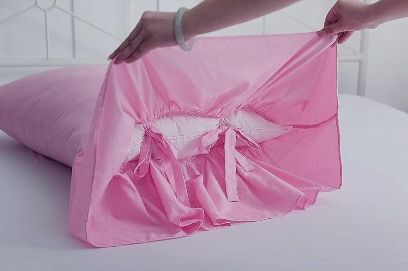 2-Pack Pink Pillow Cases Shams Covers with Long Ruffles Mermaid Fishtail Pure Cotton Queen Size 30”X20 Boudoir