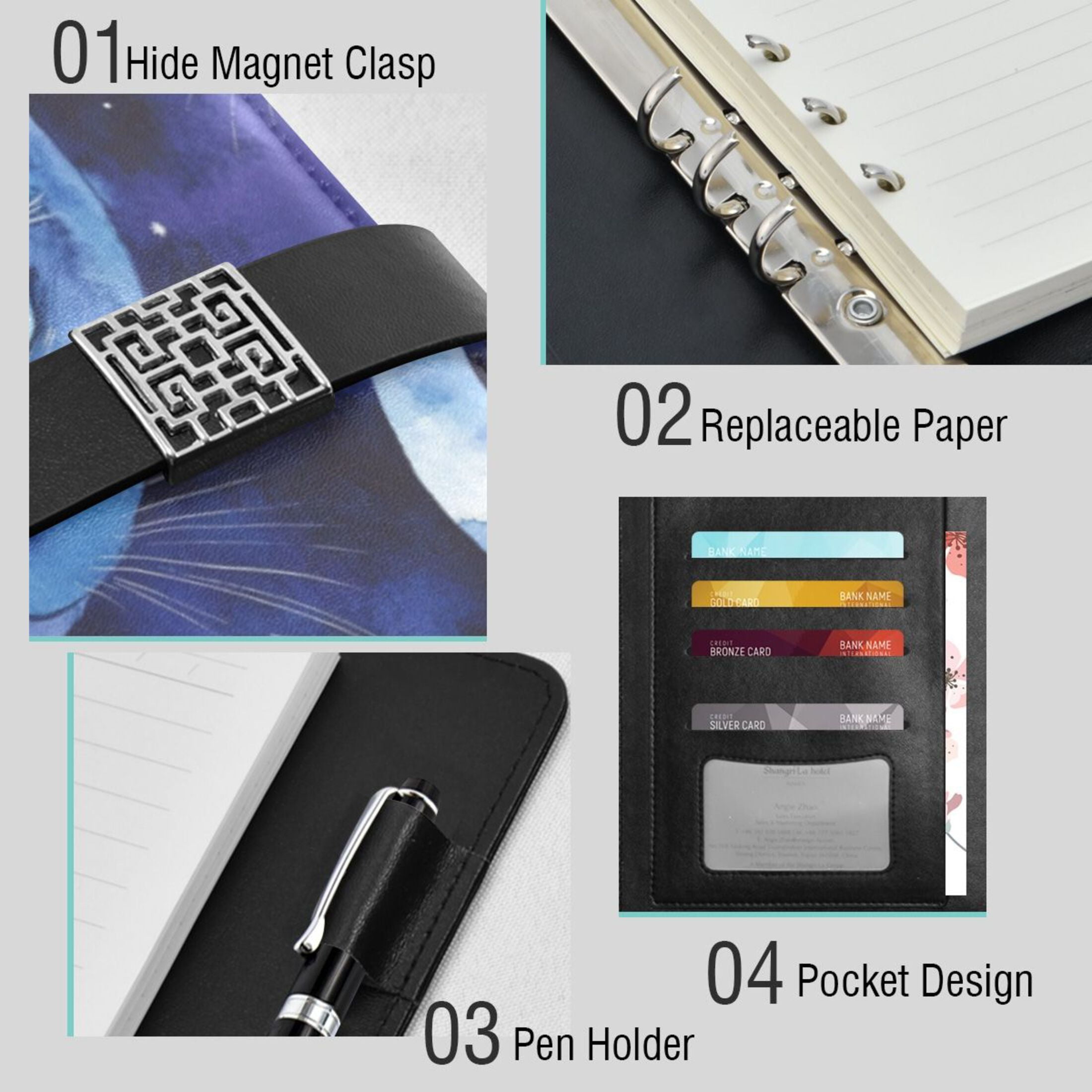 Leather Planner Leather Notebook Notebook Journal Binder Design Pen Pocket Design Convenient for Storage Moonlight Pretty Cat