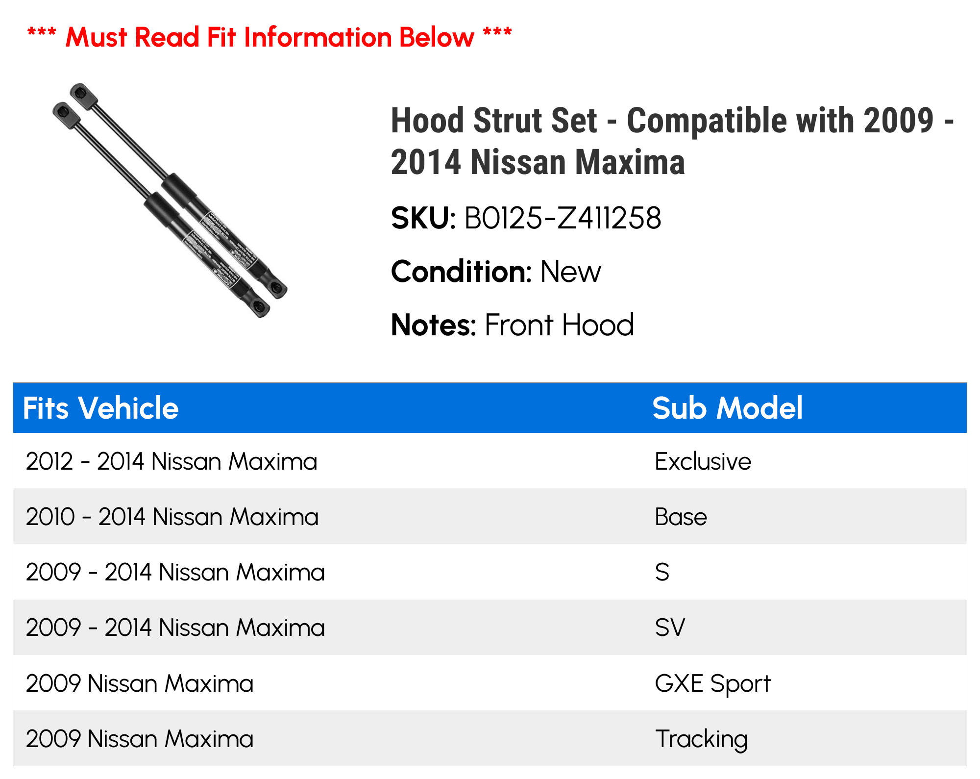 Hood Strut Set - Compatible with 2009 - 2014 Nissan Maxima - Autopart Premium
