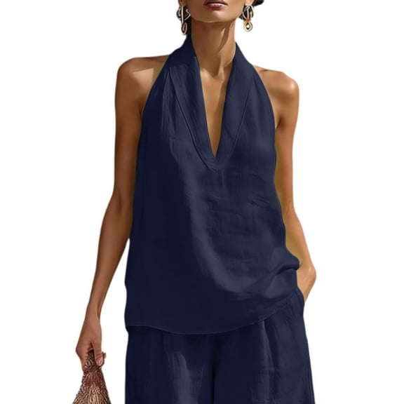 Plain Lightweight Halter Sleeveless Tank Tops For Women Relaxed Fit Breathable V Neck Linen Shirts Vacation Daily Wear Navy XL