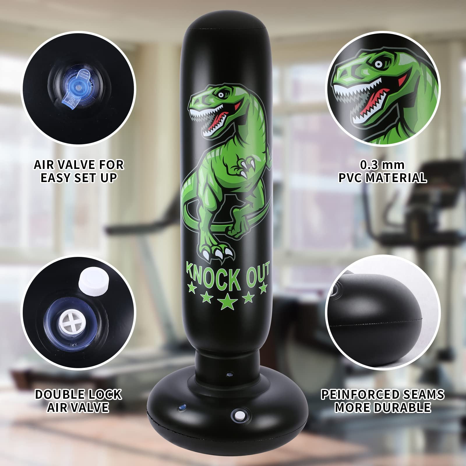 Dinosaur Punching Bag for Kids - 63 inch Inflatable Boxing Bag with Gloves - Children Sports Toys Exercising Boxing Set for Training Karate and Taekwondo - Freestanding Tumbler Bounce Back