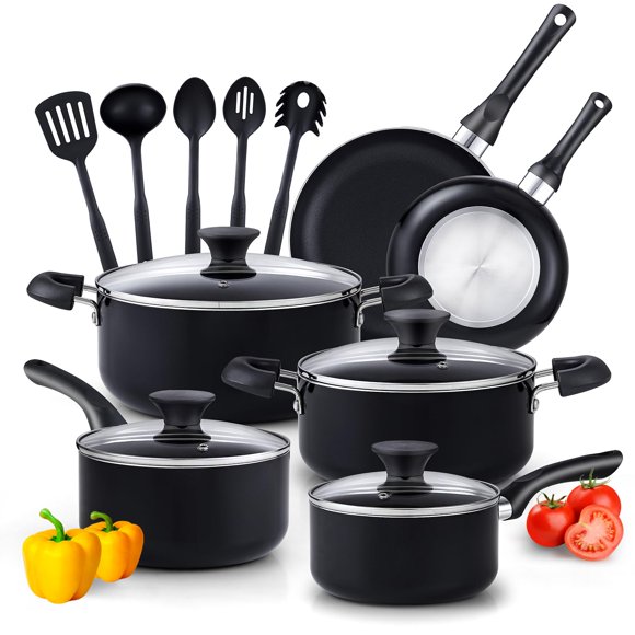 Cook N Home Basics Juego de ollas y sartenes para cocinar, utensilios de cocina antiadherentes de 15 piezas, negro