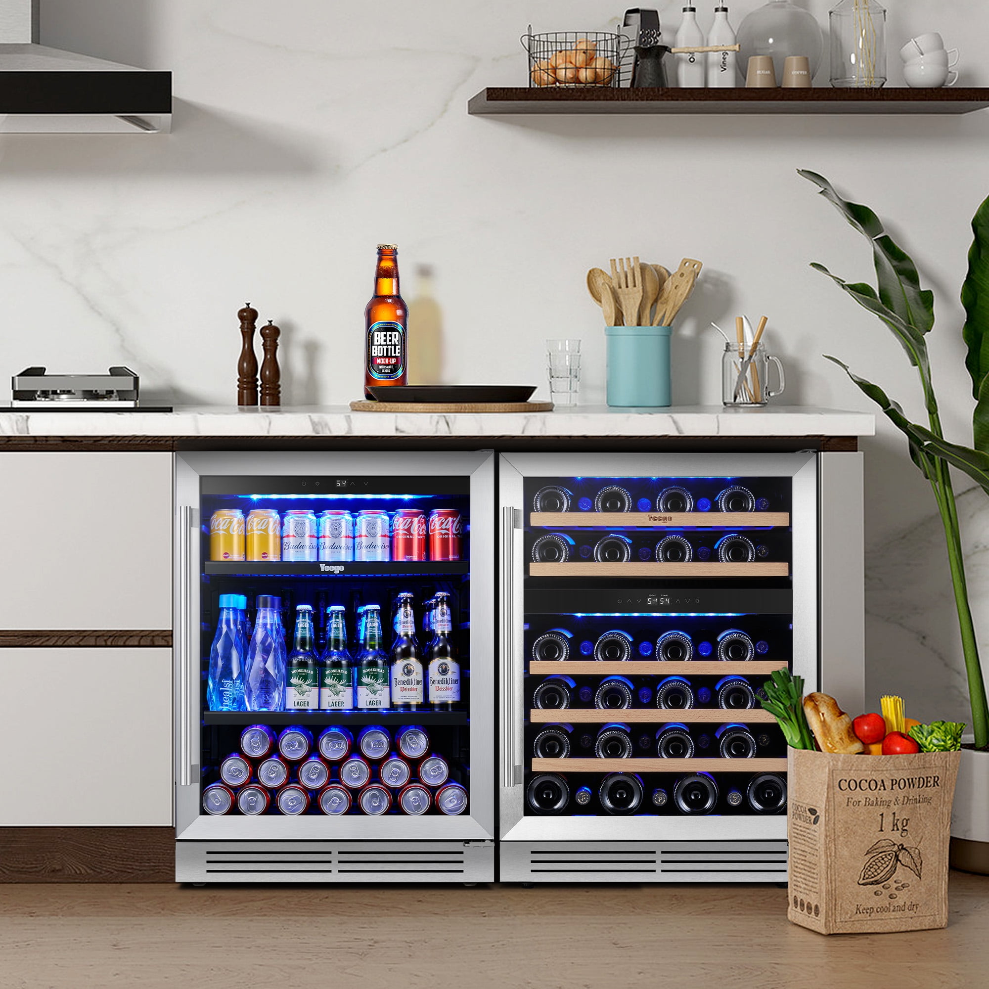 Yeego 48" Wine Cooler and Beverage Refrigerator - 2×24'' Wine Cooler Side by Side - Dual Zone Under Counter Fridge, Hold 140 Cans and 46 Bottles