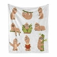 thumbnail image 1 of Sloth Soft Flannel Fleece Throw Blanket, Animal Cartoon Character Different Situations Emotions Funny Scared Cool, Cozy Plush for Indoor and Outdoor Use, 60" x 80", Pale Brown Green, by Ambesonne, 1 of 6