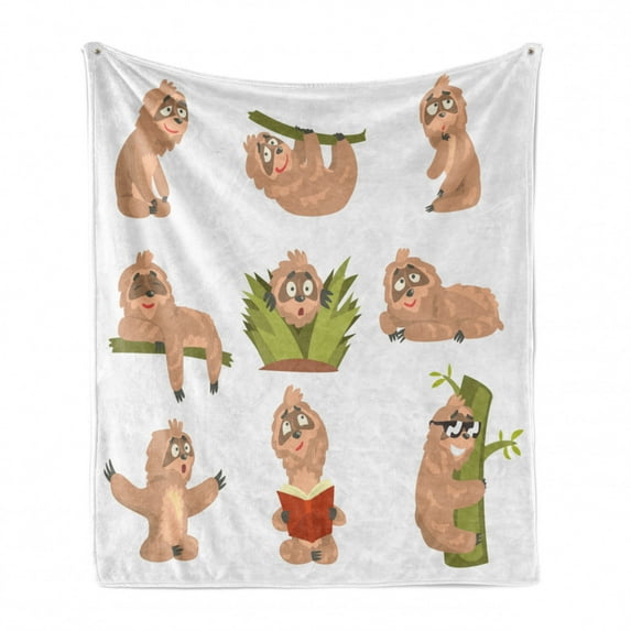 Sloth Soft Flannel Fleece Throw Blanket, Animal Cartoon Character Different Situations Emotions Funny Scared Cool, Cozy Plush for Indoor and Outdoor Use, 60" x 80", Pale Brown Green, by Ambesonne